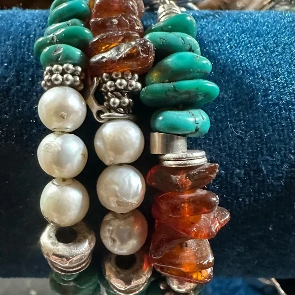 Turquoise and. freshwater pearl Baltic, Amber and Sterling silver bracelet